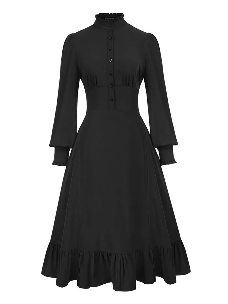 Smocked Waist Stand Collar High-Lo Swing Dress SCARLET DARKNESS