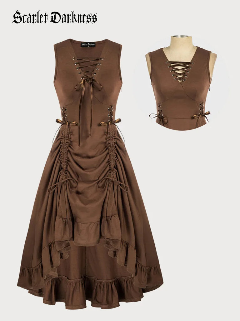 Steampunk Lace-up V-Neck Drawstring A-Line Dress SCARLET DARKNESS