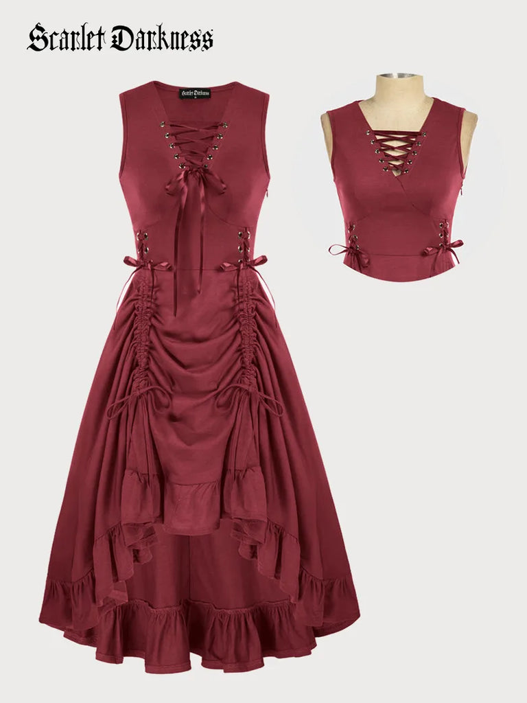 Steampunk Lace-up V-Neck Drawstring A-Line Dress SCARLET DARKNESS