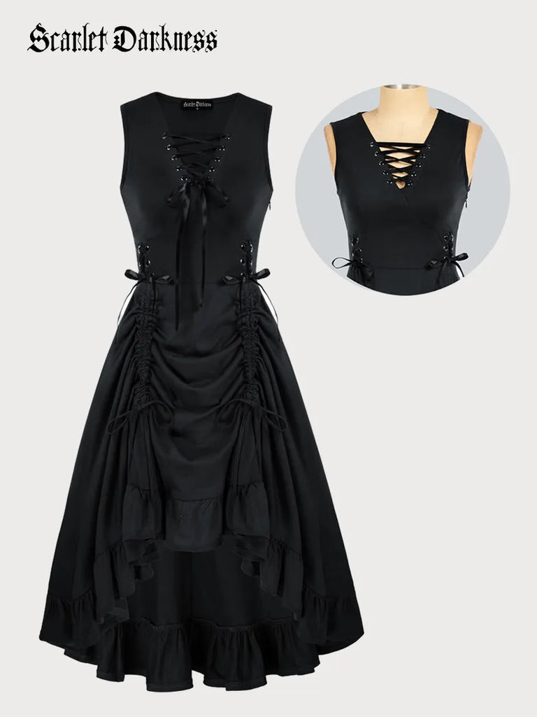 Steampunk Lace-up V-Neck Drawstring A-Line Dress SCARLET DARKNESS