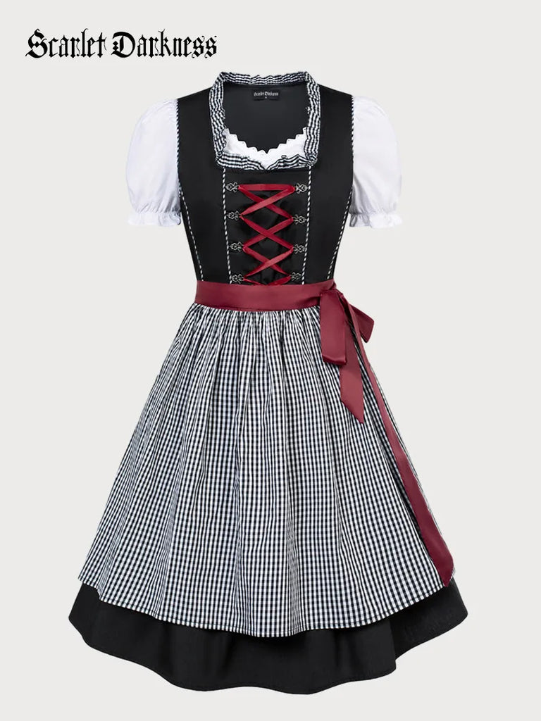 German Bavarian Oktoberfest Costumes Tops+Cotton Dress+Apron Scarlet Darkness