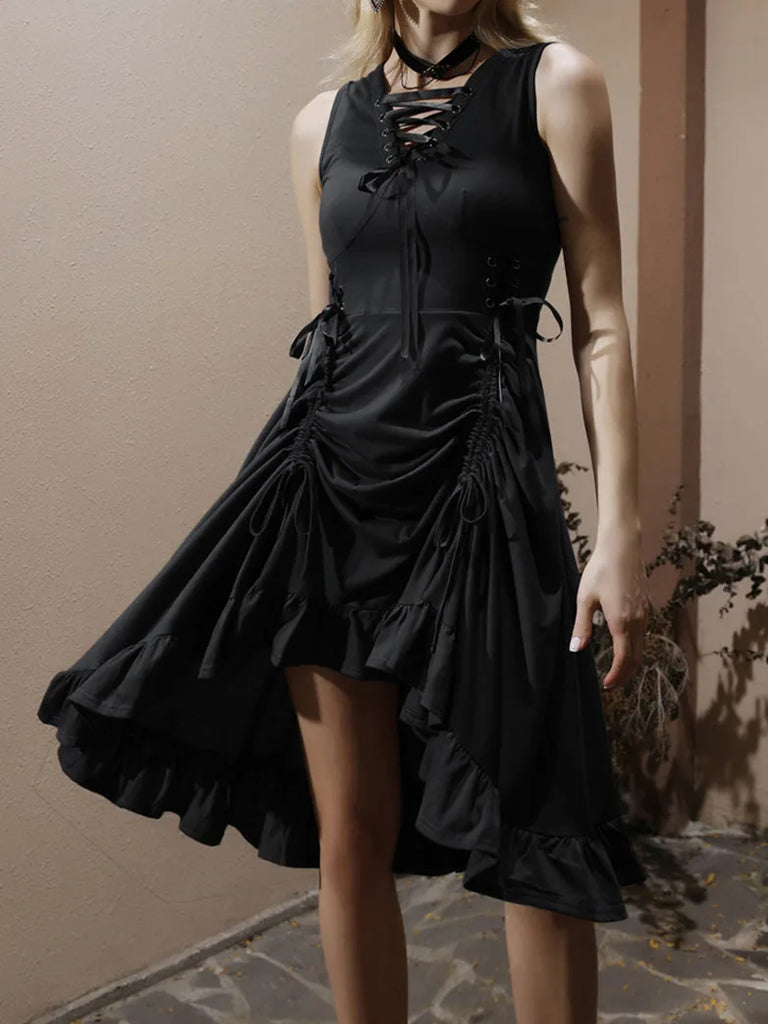 Steampunk Lace-up V-Neck Drawstring A-Line Dress SCARLET DARKNESS