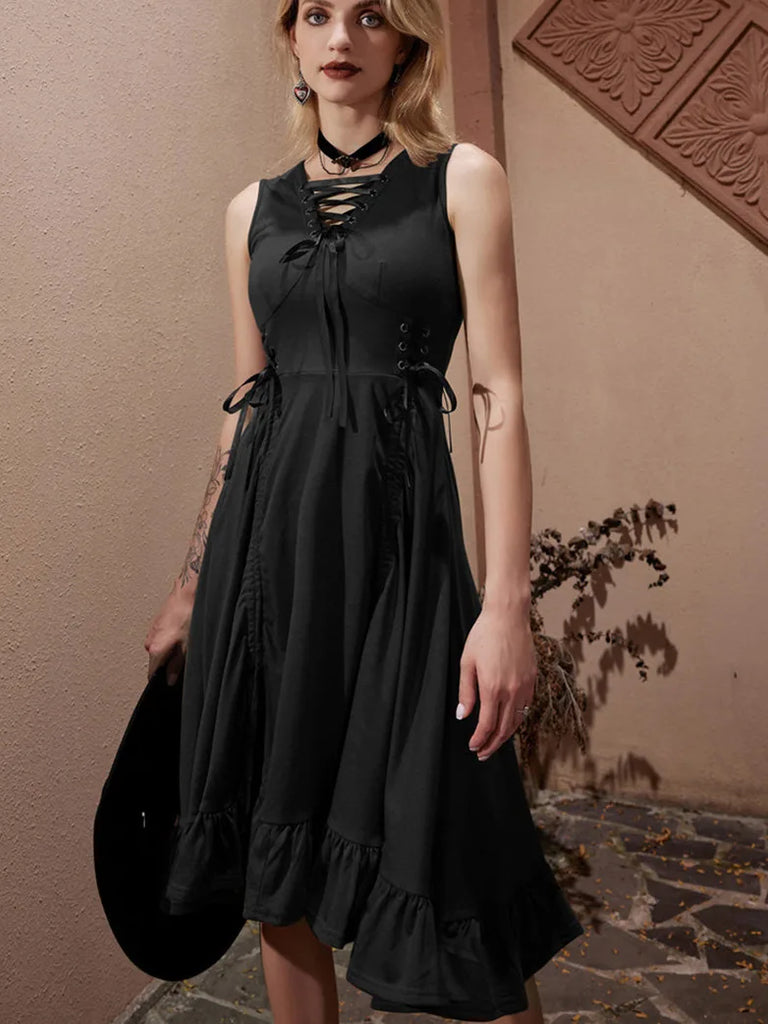 Steampunk Lace-up V-Neck Drawstring A-Line Dress SCARLET DARKNESS