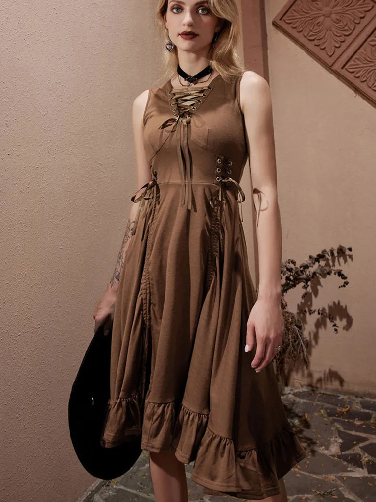 Steampunk Lace-up V-Neck Drawstring A-Line Dress SCARLET DARKNESS