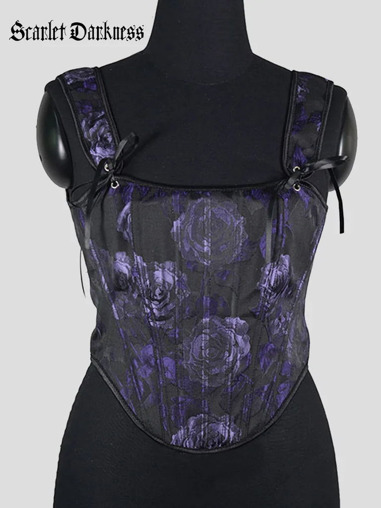 Embossed Rose Jacquard Herringbone Corset Top SCARLET DARKNESS