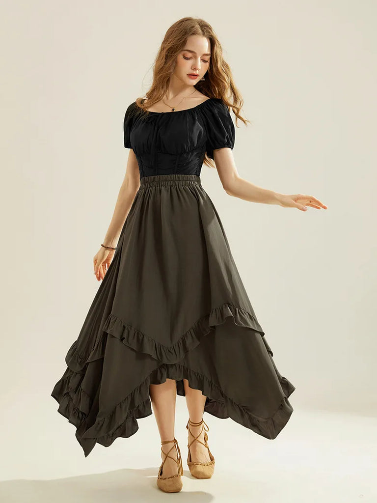 Renaissance Irregular Hem Swing A-Line Maxi Skirt SCARLET DARKNESS