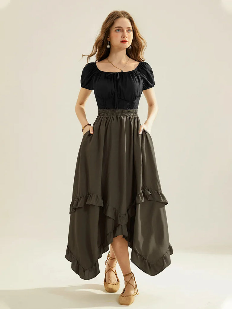 Renaissance Irregular Hem Swing A-Line Maxi Skirt SCARLET DARKNESS