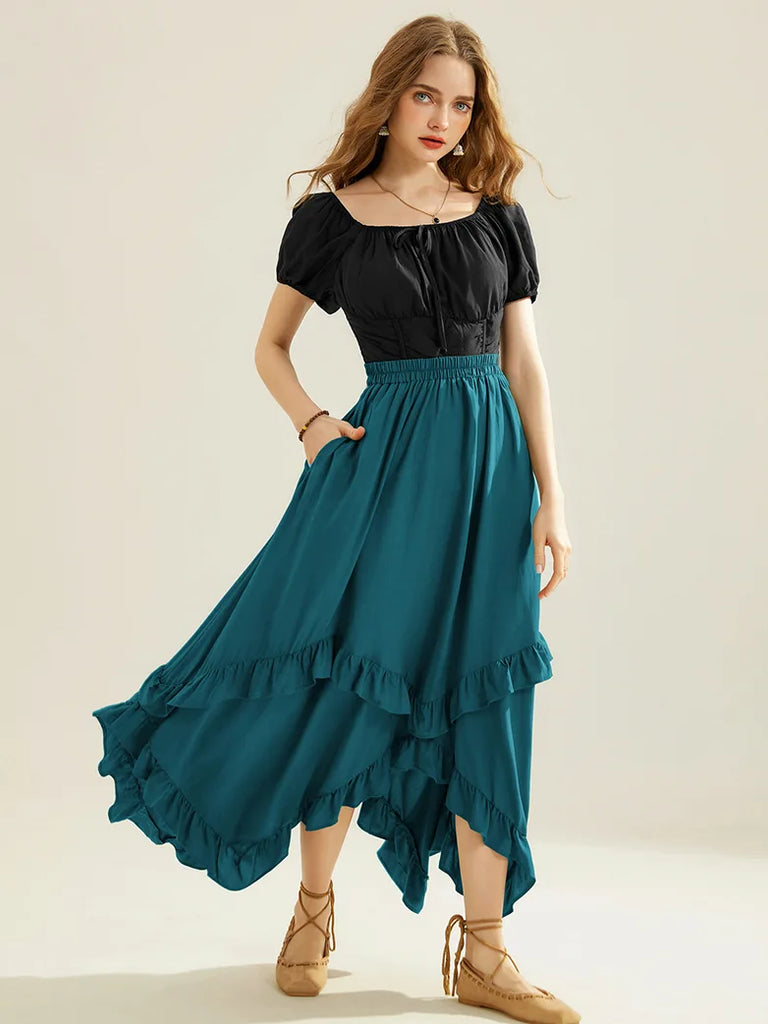 Renaissance Irregular Hem Swing A-Line Maxi Skirt SCARLET DARKNESS