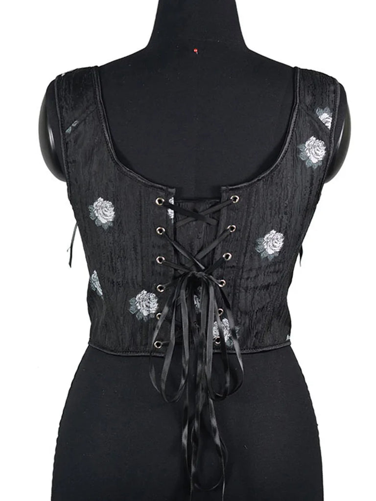 Embossed Rose Jacquard Herringbone Corset Top SCARLET DARKNESS