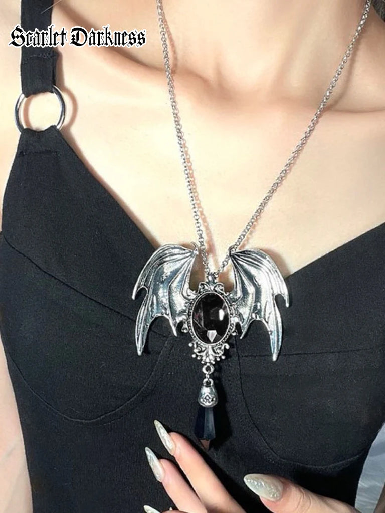 Halloween Accs 2023-Bat Wing Gem Necklace SCARLET DARKNESS