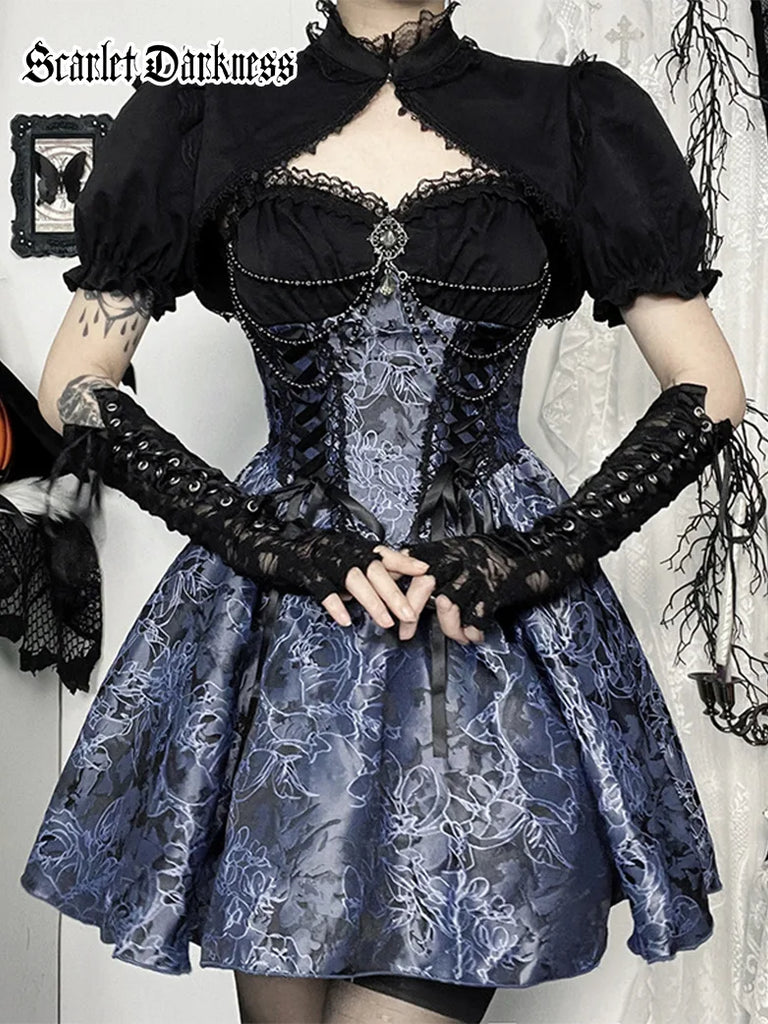 SCARLET DARKNESSVictorian Gothic Sweetheart Neck Jacquard 2-piece Dress