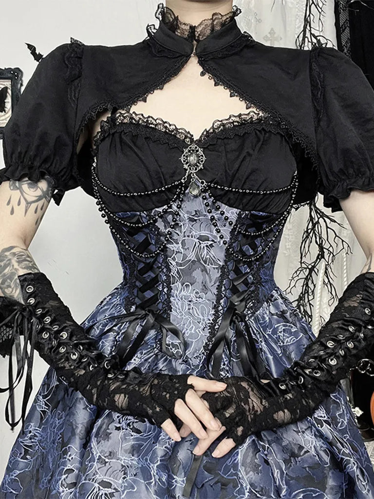 SCARLET DARKNESSVictorian Gothic Sweetheart Neck Jacquard 2-piece Dress