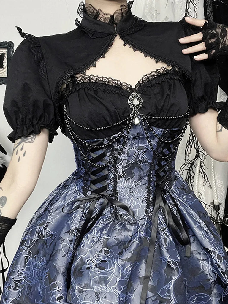 SCARLET DARKNESSVictorian Gothic Sweetheart Neck Jacquard 2-piece Dress