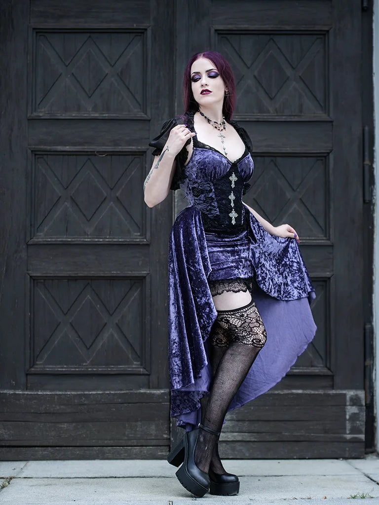 Women Purple Velvet Lace Patchwork Suspender Dress SCARLET DARKNESS