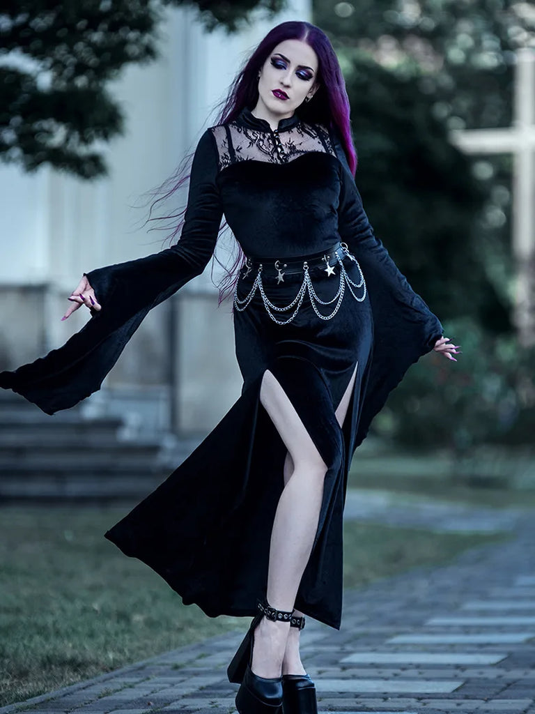 Victorian Gothic Stand Collar Lace Velvet Slit Dress SCARLET DARKNESS