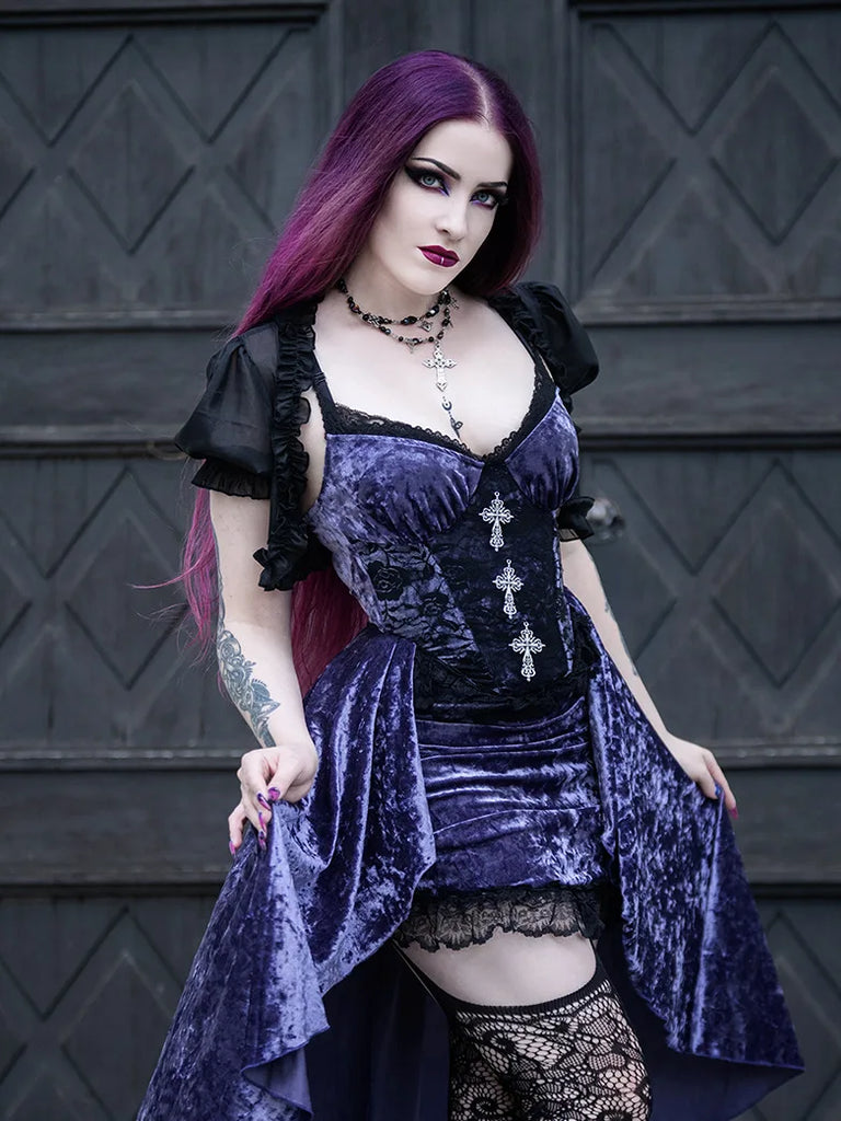 Women Purple Velvet Lace Patchwork Suspender Dress SCARLET DARKNESS