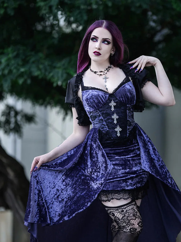 Women Purple Velvet Lace Patchwork Suspender Dress SCARLET DARKNESS