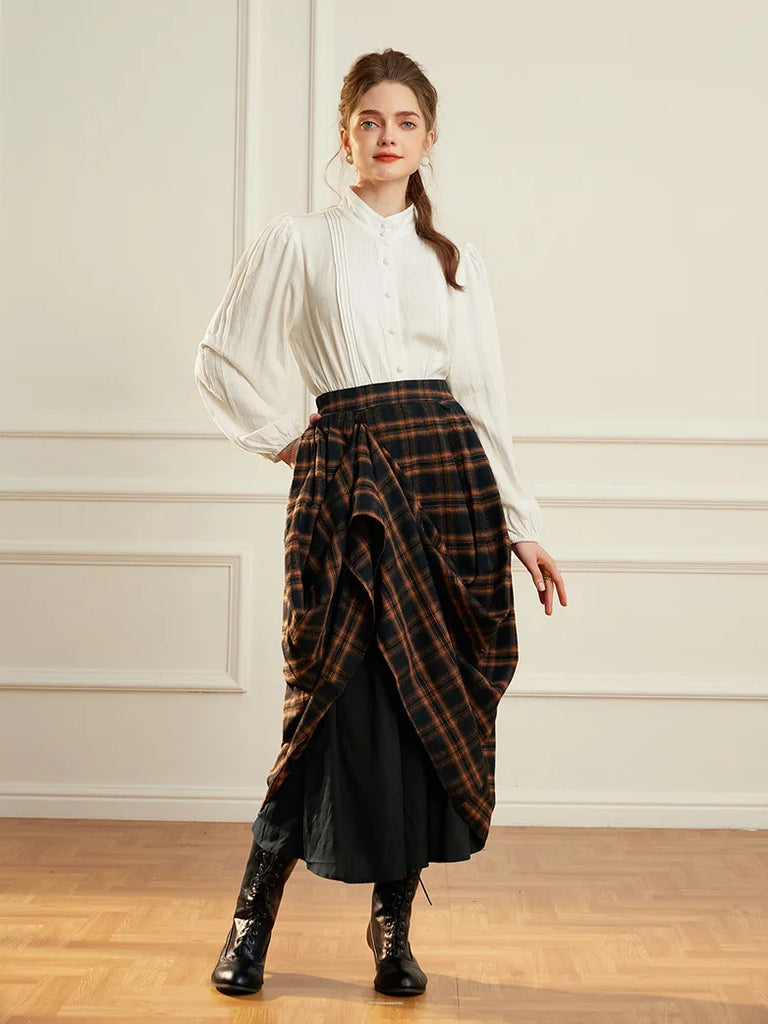 Women Plaided Buckle up Flared Swing Maxi Skirt SCARLET DARKNESS