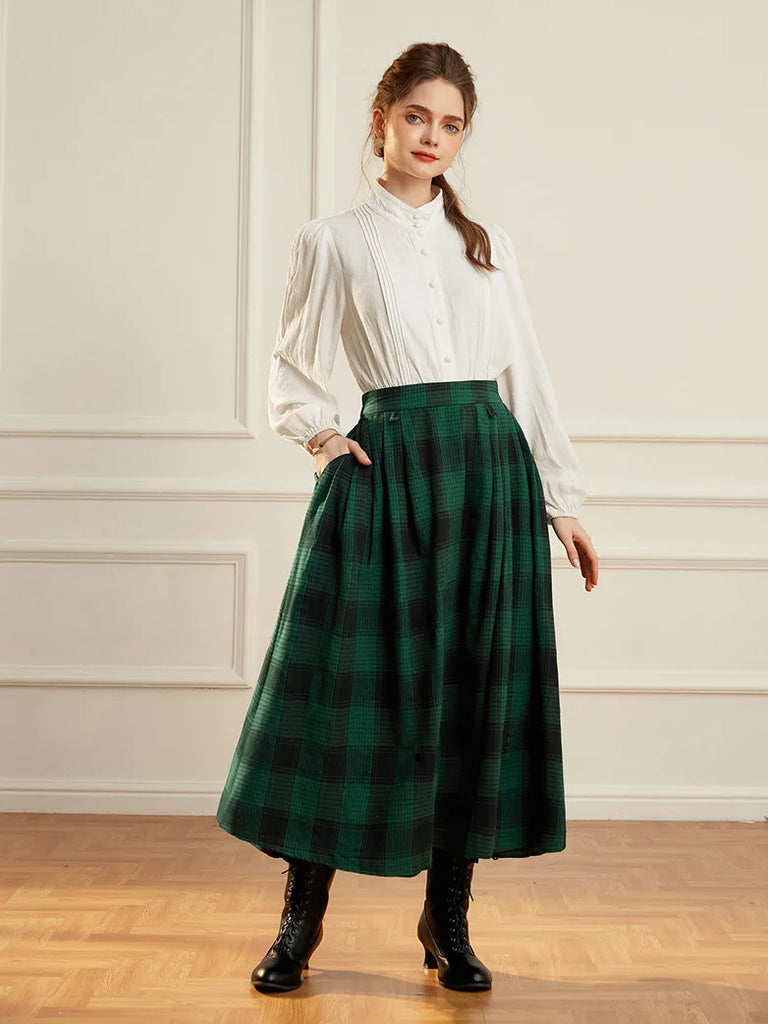 Women Plaided Buckle up Flared Swing Maxi Skirt SCARLET DARKNESS