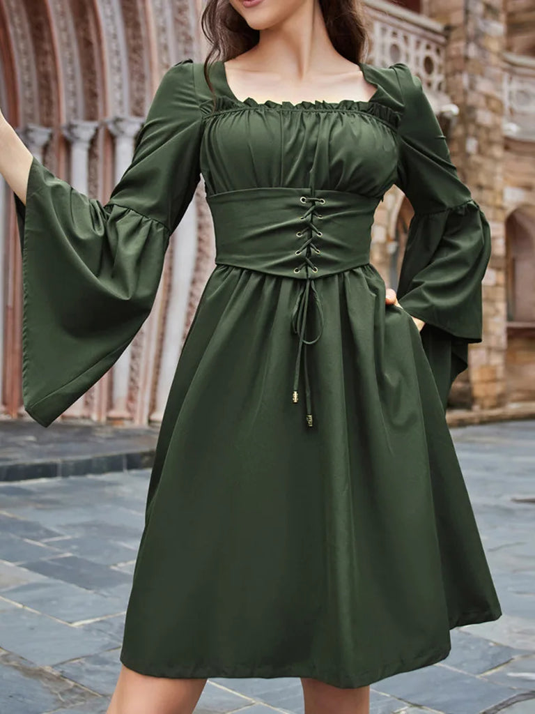 Square Neck Pleated Waistband Decorated Long Sleeve Dress SCARLET DARKNESS