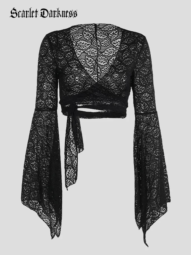 Victorian Goth Style Black Bell Sleeves Lace Tied Cardigan SCARLET DARKNESS