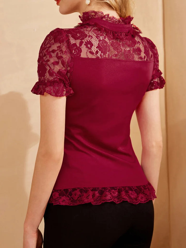 Lace Patchwork Button Decorated Stand Collar Tops SCARLET DARKNESS