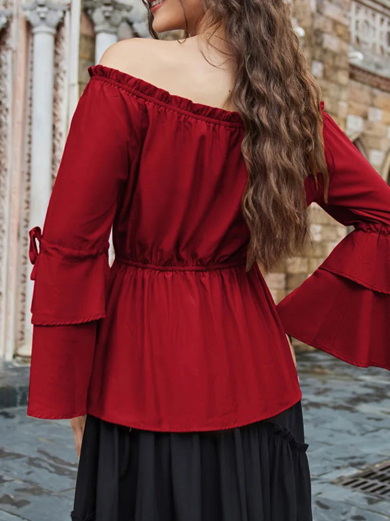 Women Off Shoulder Tops 3/4 Sleeve A-Line Tops SCARLET DARKNESS