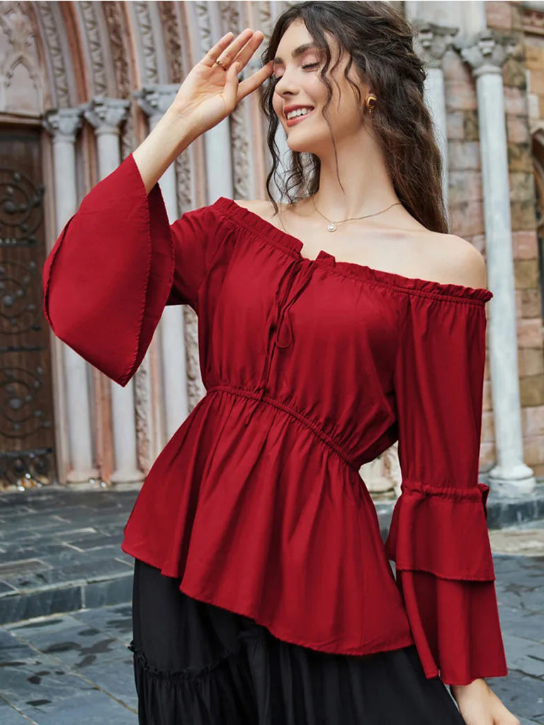 Women Off Shoulder Tops 3/4 Sleeve A-Line Tops SCARLET DARKNESS