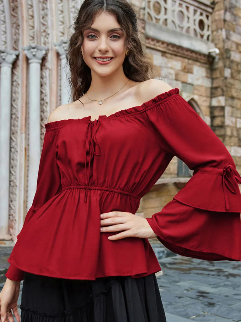 Women Off Shoulder Tops 3/4 Sleeve A-Line Tops SCARLET DARKNESS