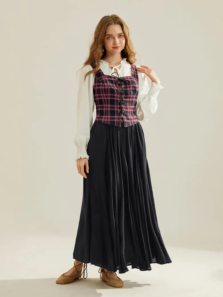 Renaissance Plaid Waistcoat Square Neck Lace-up Front Vest SCARLET DARKNESS