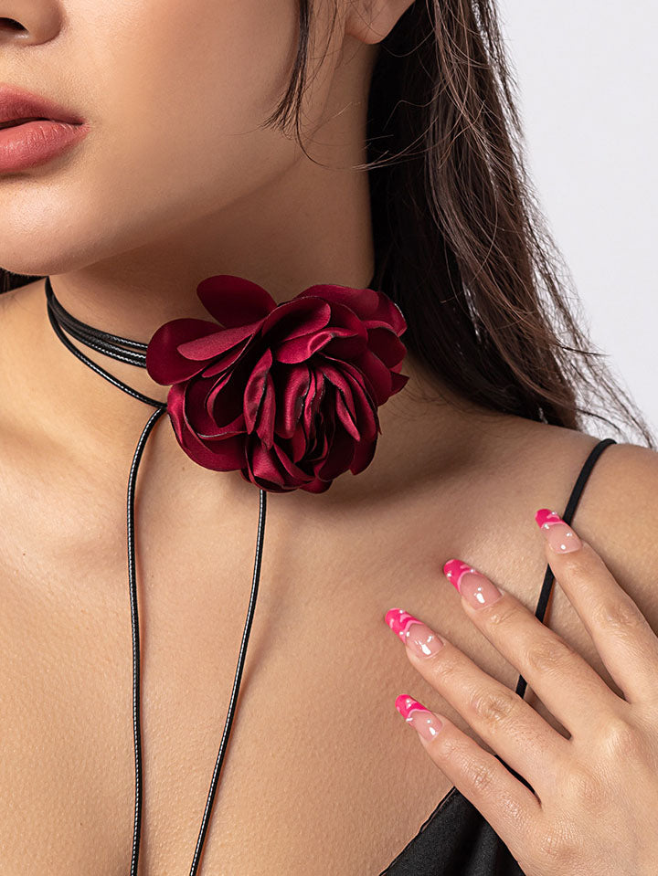 Midnight Rose Long Strap Oversized Flower Choker Necklace SCARLET DARKNESS