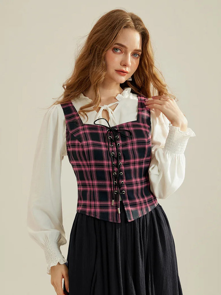 Renaissance Plaid Waistcoat Square Neck Lace-up Front Vest SCARLET DARKNESS