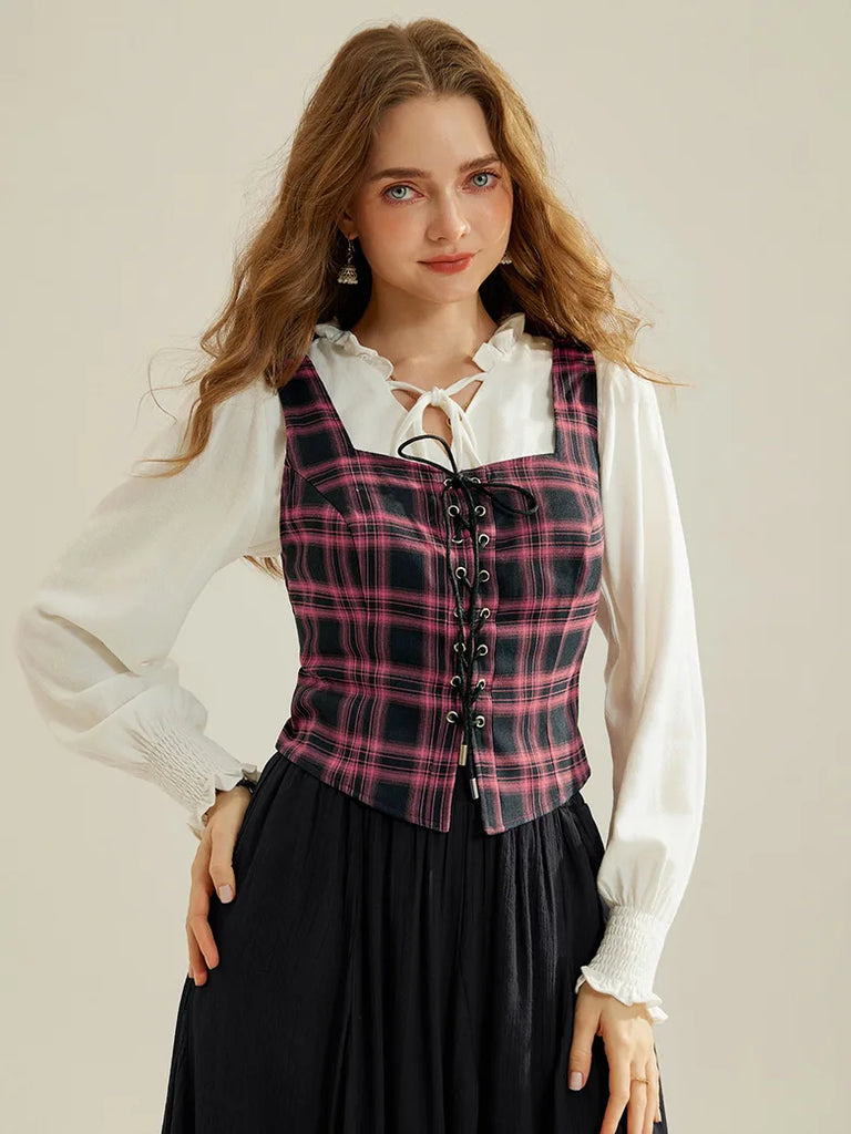 Renaissance Plaid Waistcoat Square Neck Lace-up Front Vest SCARLET DARKNESS