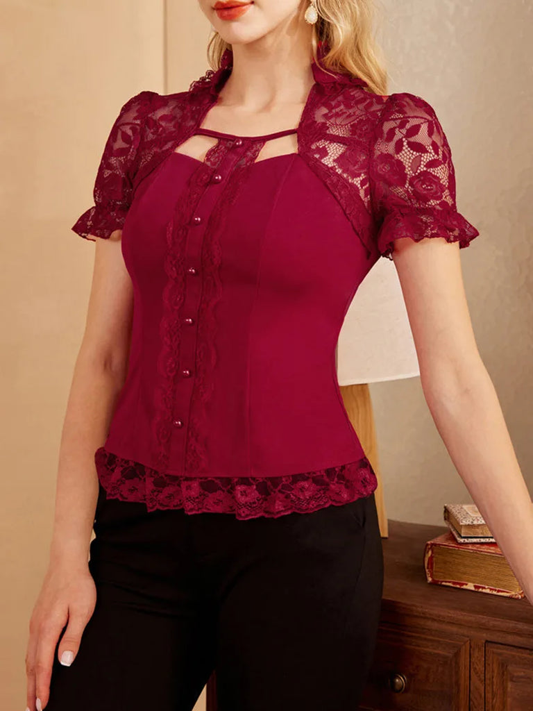 Lace Patchwork Button Decorated Stand Collar Tops SCARLET DARKNESS