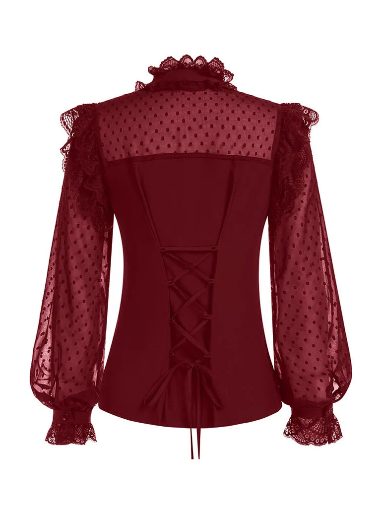 Victorian Gothic Mesh Patchwork Stand Collar Lace Tops SCARLET DARKNESS