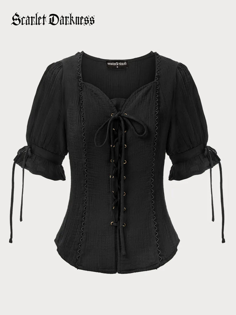 Sweetheart Collar Comfy Cotton Lacing Tops SCARLET DARKNESS