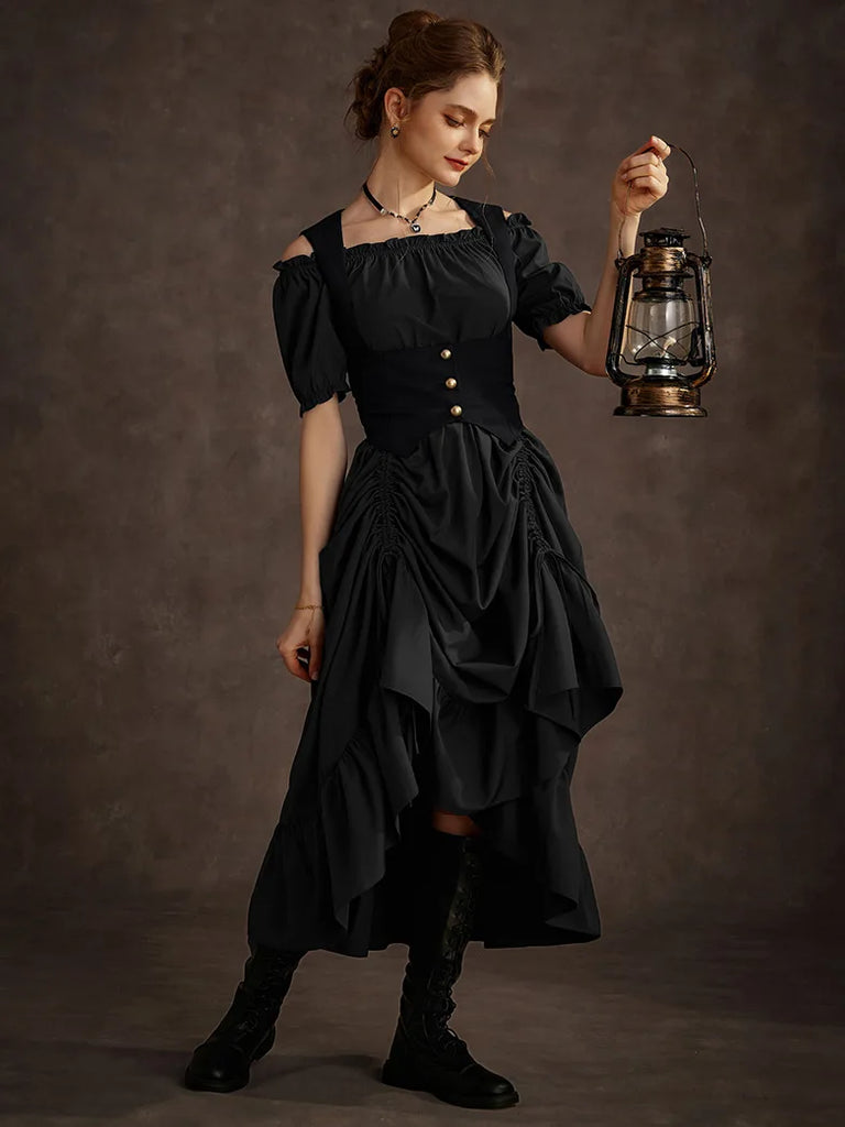 Steampunk Costume Off Shoulder Dress+Under-Bust Vest SCARLET DARKNESS