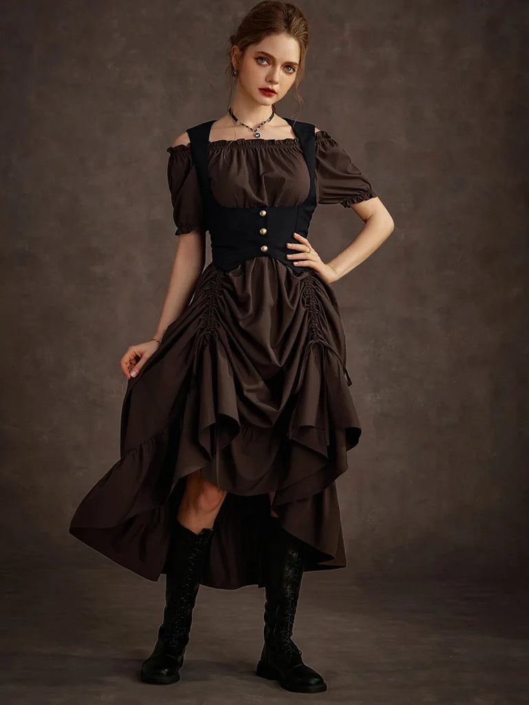 Steampunk Costume Off Shoulder Dress+Under-Bust Vest SCARLET DARKNESS