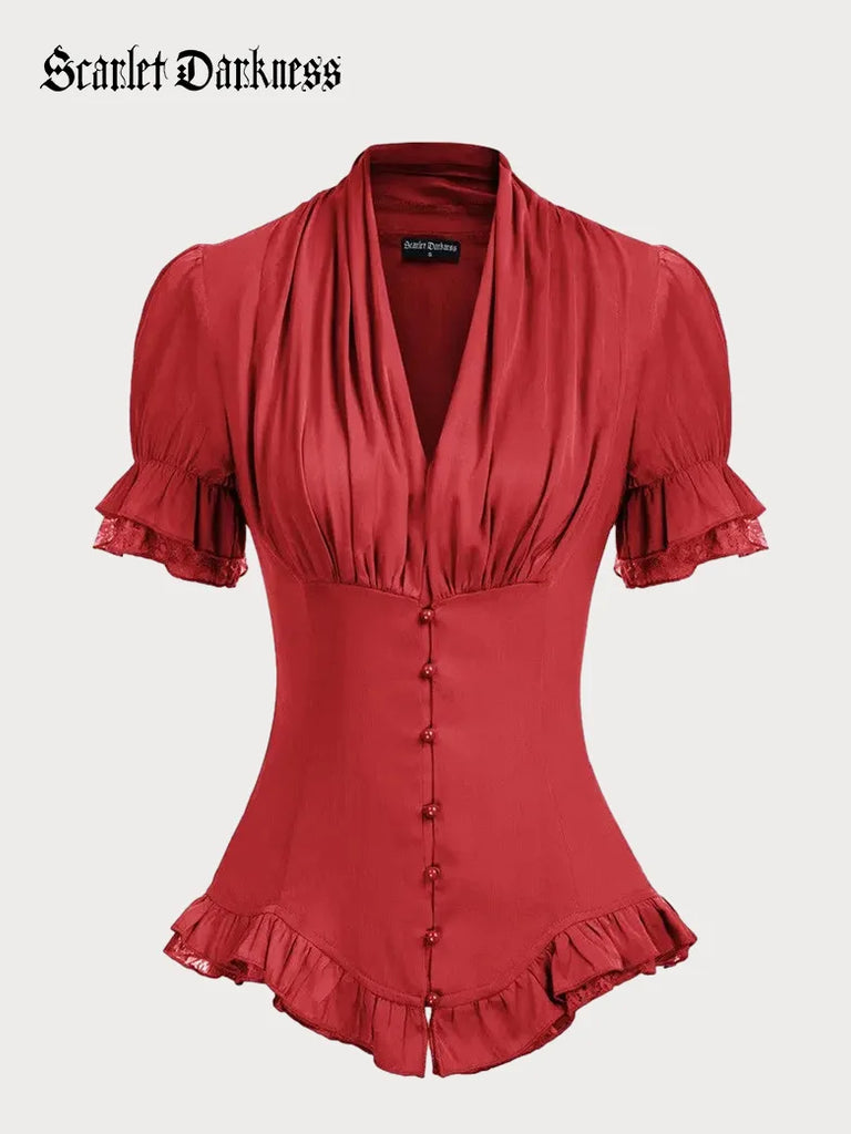 Victorian Pleated Shirt Lace Up Work Blouse SCARLET DARKNESS