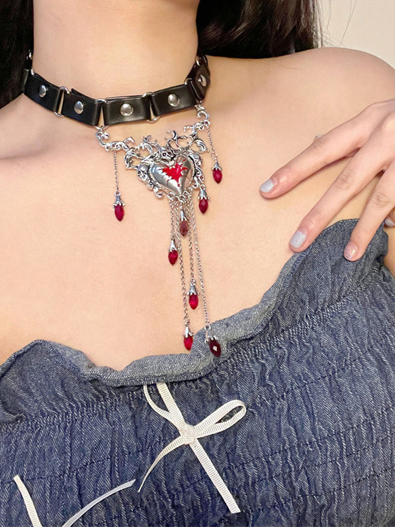 Punk Broken Heart Tassel Red Drop Necklace SCARLET DARKNESS