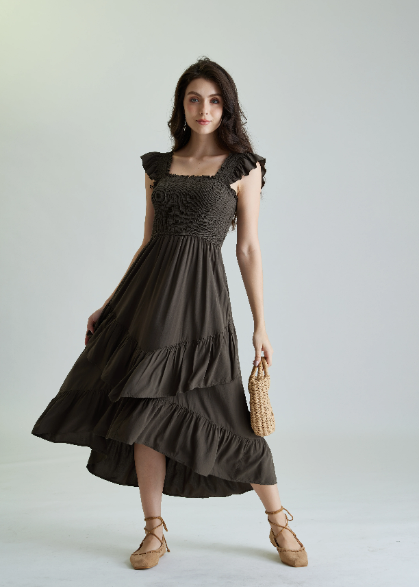 SCARLET DARKNESSWomen Sleeveless Renaissance Pocket Ruffle High-Lo Dress