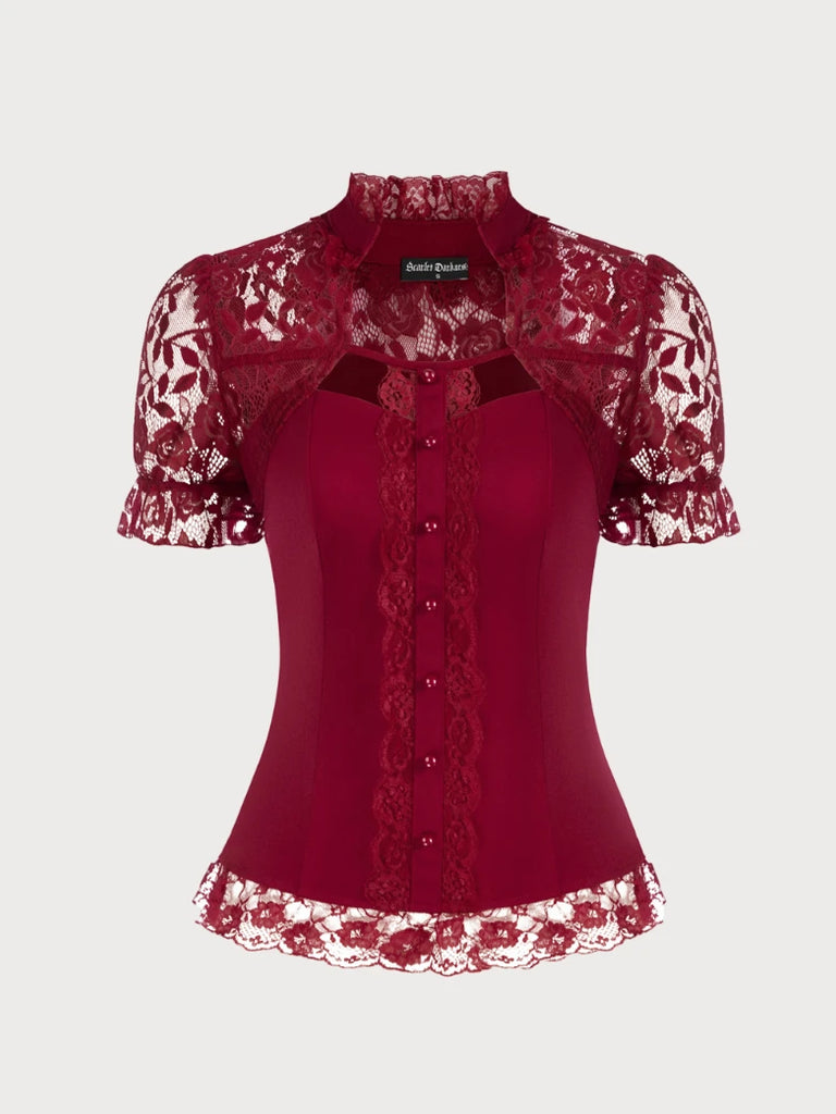 Lace Patchwork Button Decorated Stand Collar Tops SCARLET DARKNESS