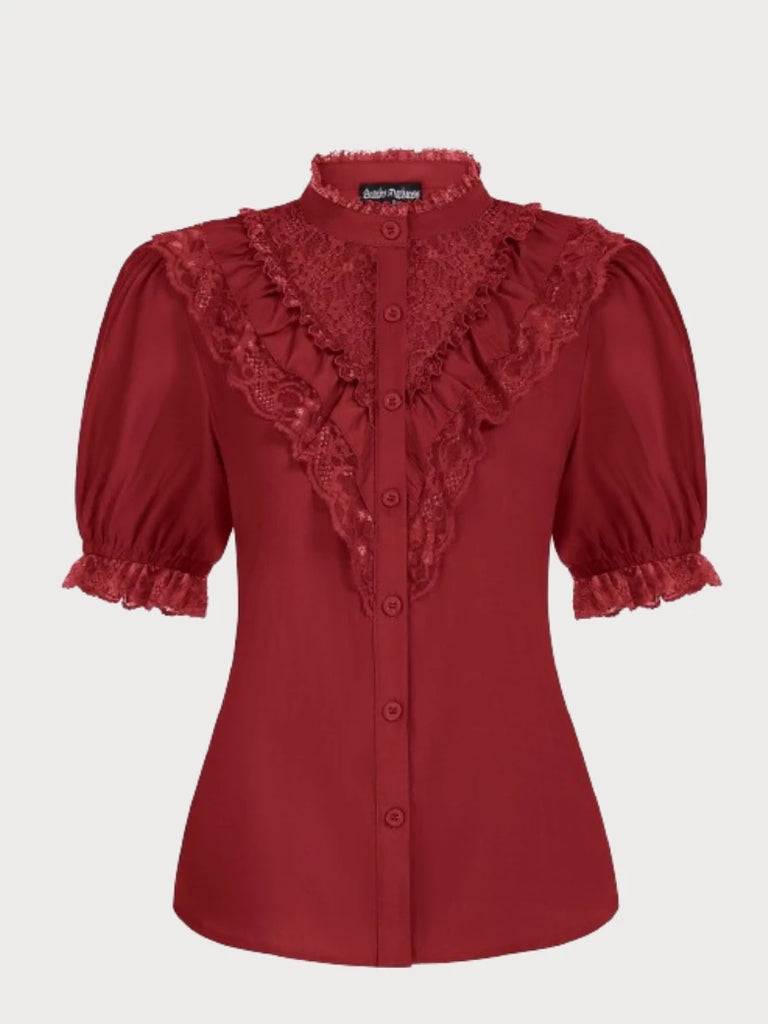 Lace Patchwork Puffed Stand Collar Lace up Tops SCARLET DARKNESS