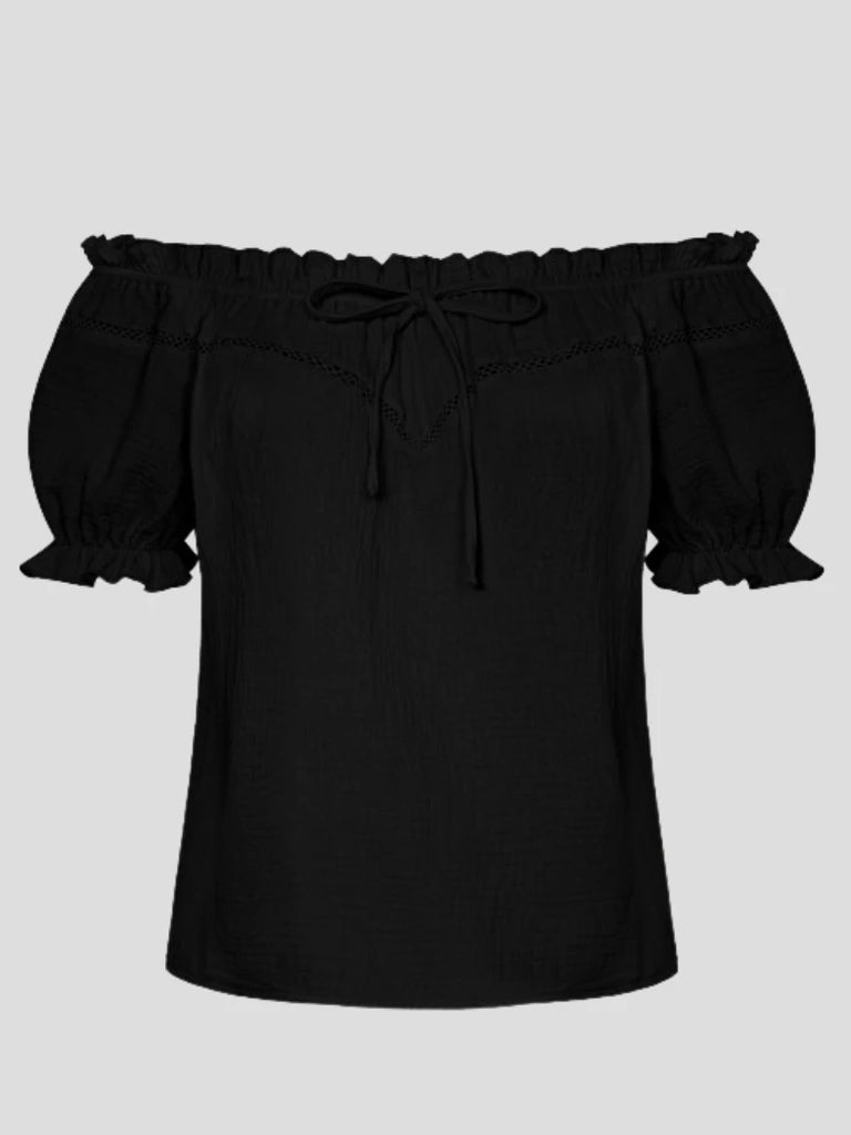 Renaissance Cotton Tops Crew Neck Off Shoulder Lace-up Tops SCARLET DARKNESS