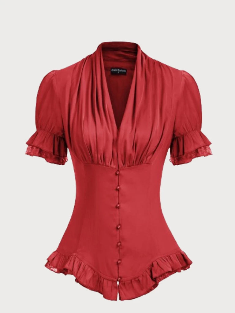 Victorian Pleated Shirt Lace Up Work Blouse SCARLET DARKNESS