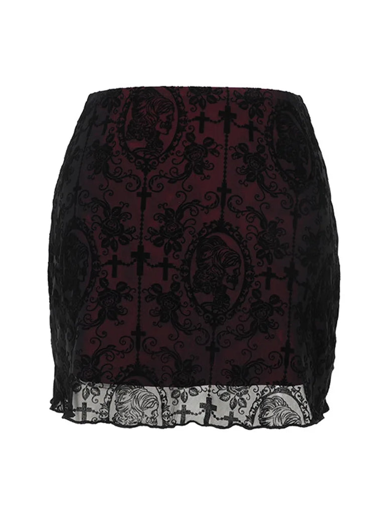 2024 Gothic Women Flocked Double Layer Mini Skirt SCARLET DARKNESS