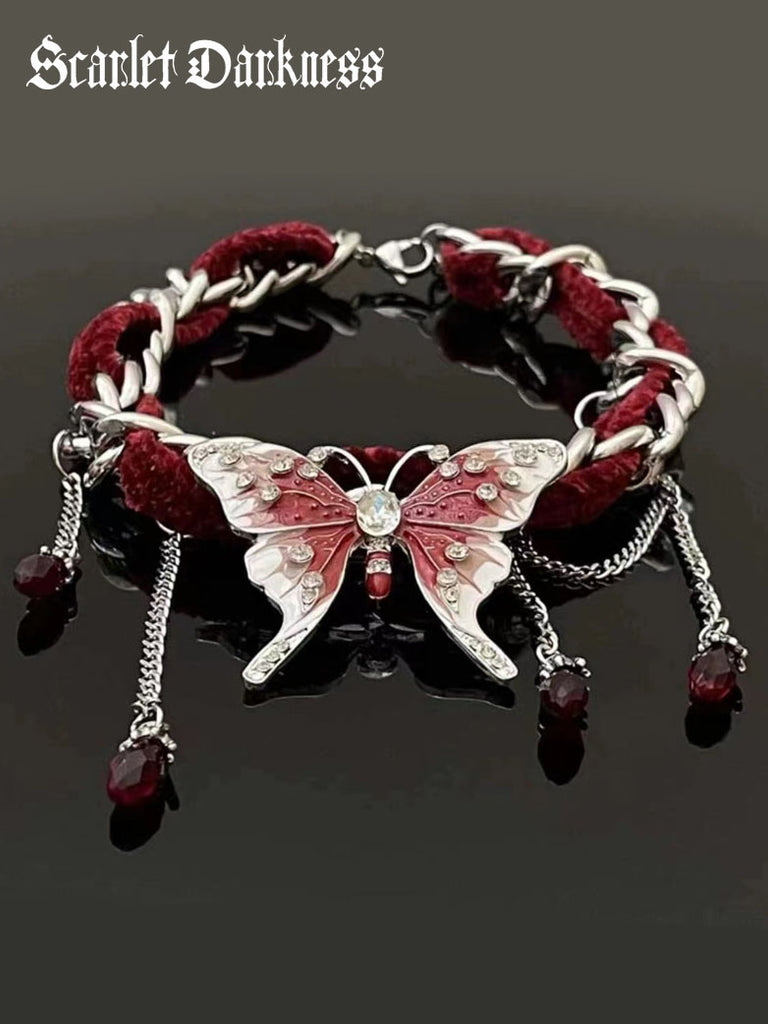 Butterfly in the Midnight Tassel Red Velvet Necklace SCARLET DARKNESS