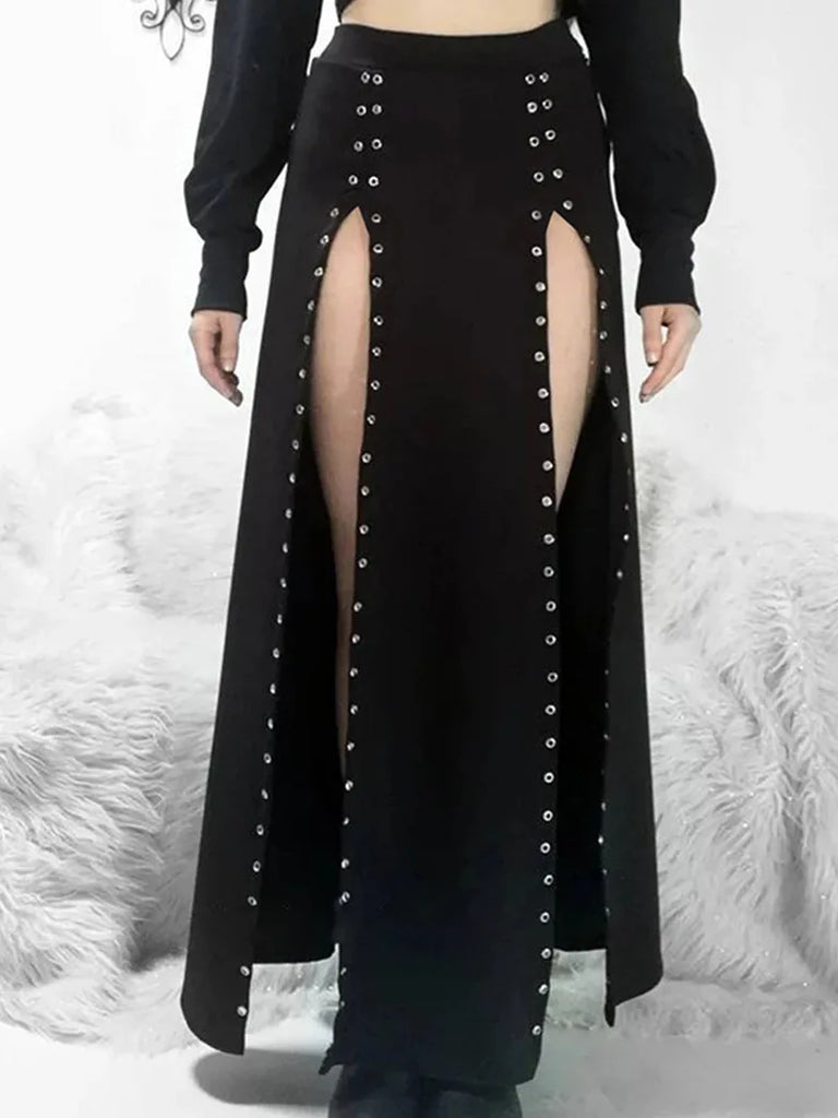 Punk Sexy Double Row Eyelet High Slit Skirt for Women SCARLET DARKNESS